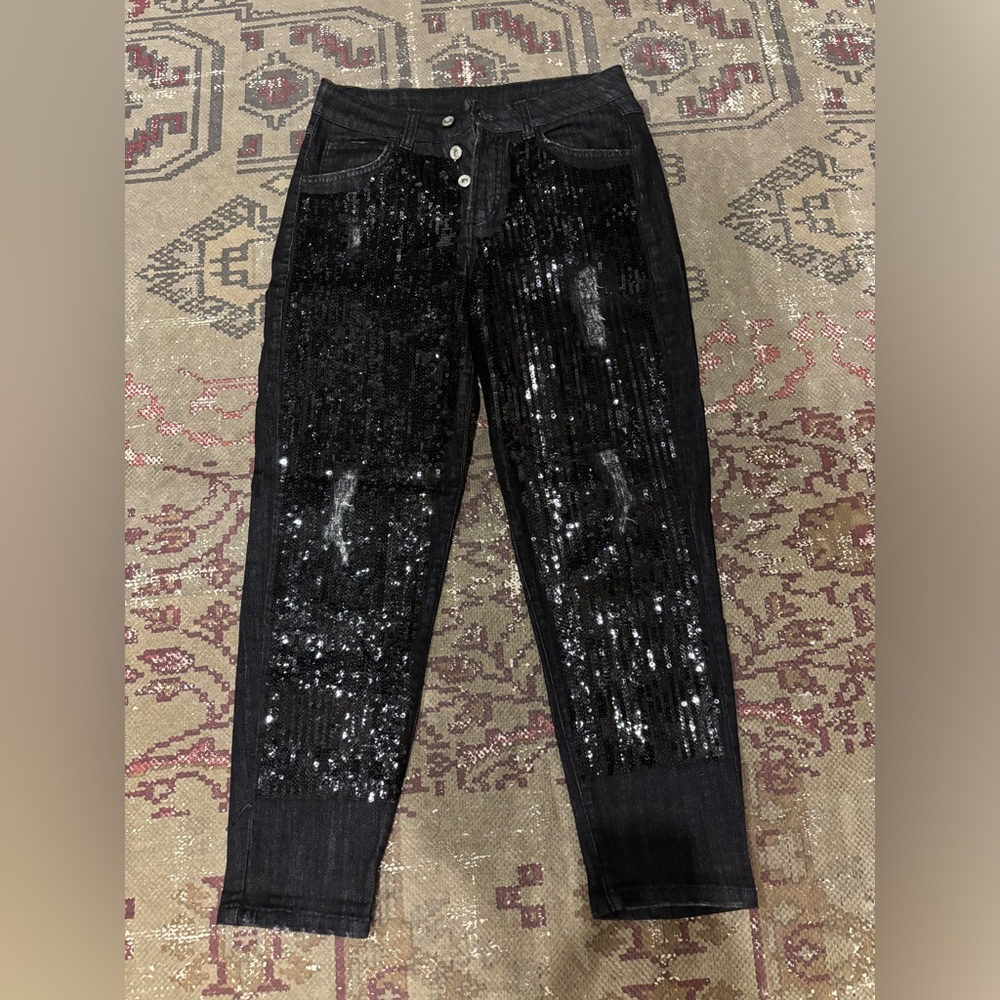 Black sequin front denim
